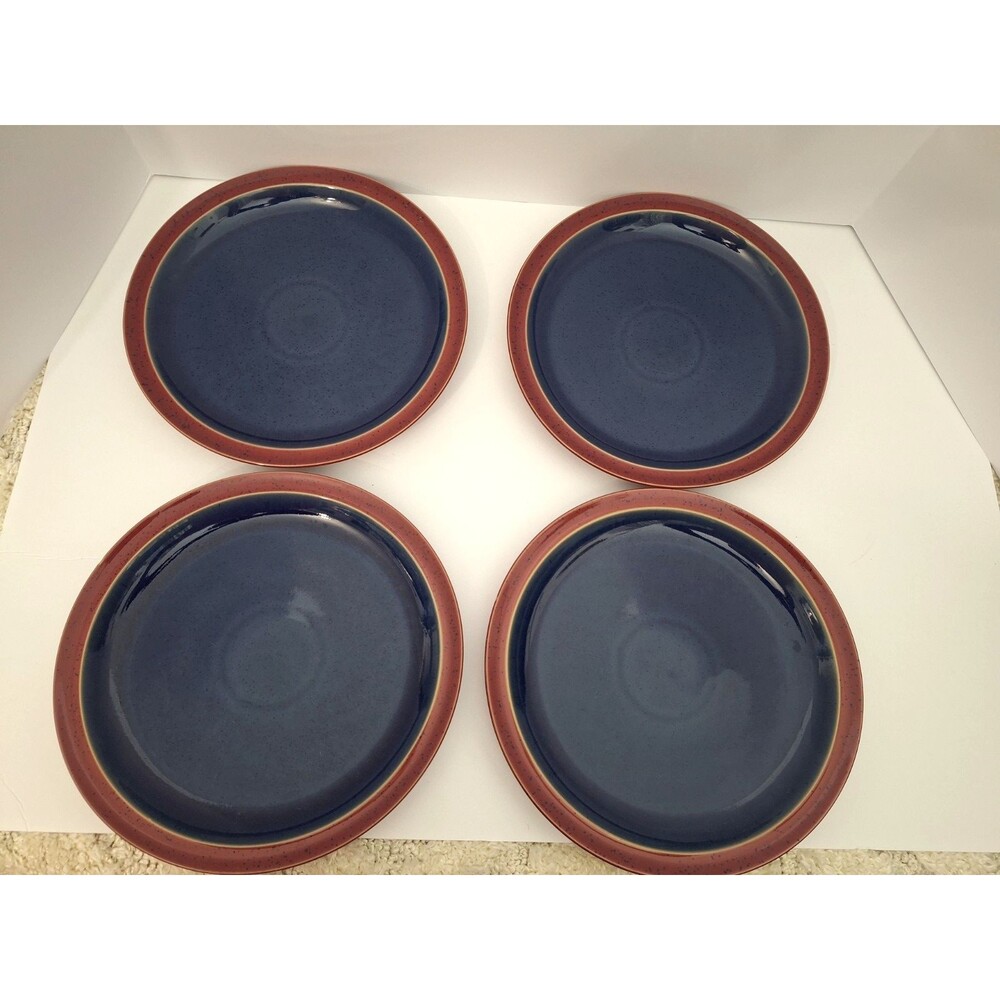 Denby Harlequin Dinner Plates 10" Set of 4 Blue In Red Out Speckled Stoneware